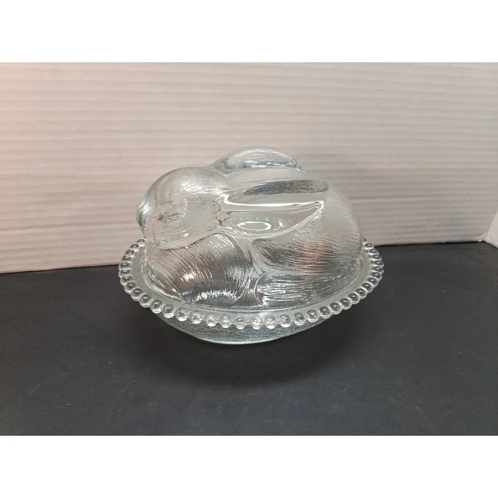 Vintage Indiana Glass Clear Nesting Bunny Rabbit Candy Dish Easter Cottage Core